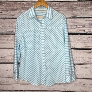 Chico’s 2 Women’s Large No Iron Button Down Shirt Blue White Striped in EUC!‎